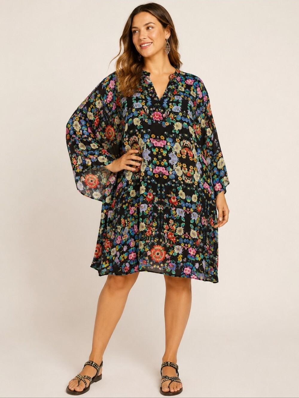 Johnny Was 2X Floral Silk Blend Kimono Sleeve Tunic Dress Boho Black Multicolor